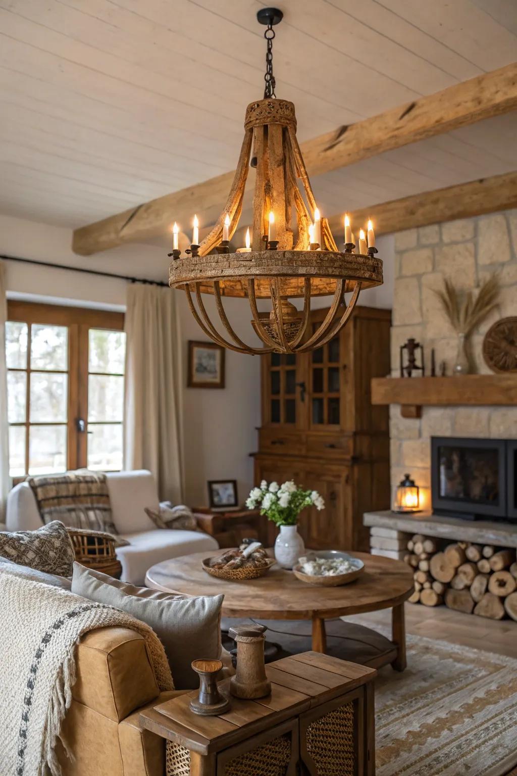 A snug living room with a country chandelier that incorporates timber features.