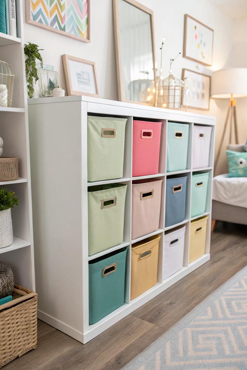 Color-coordinated cube storage for a harmonious and elegant living room.