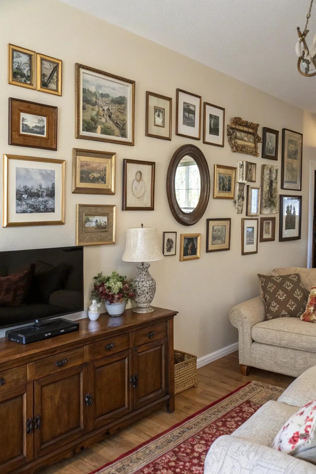 A gallery wall imparts a personal and artistic touch.