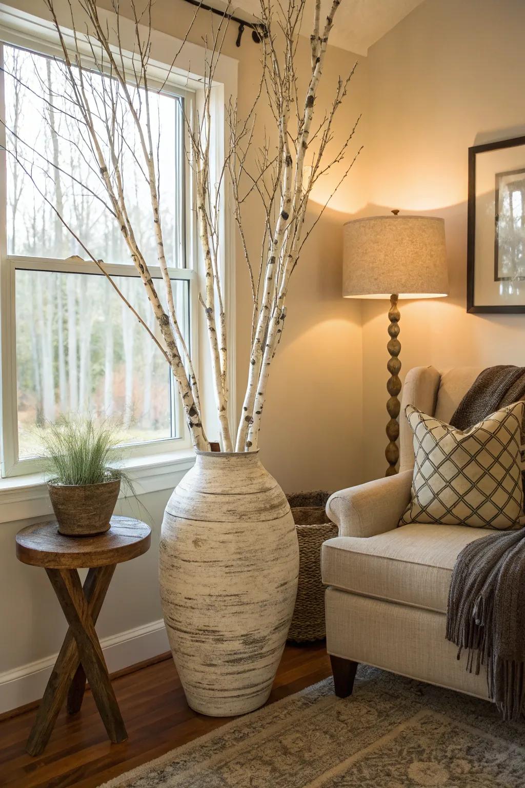 Stately white stemmed branches nestled in a floor vase infuse an inviting corner with natural feel.