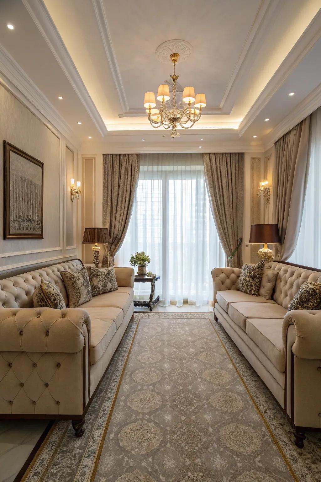 A refined lounge arrangement featuring two couches positioned face-to-face.