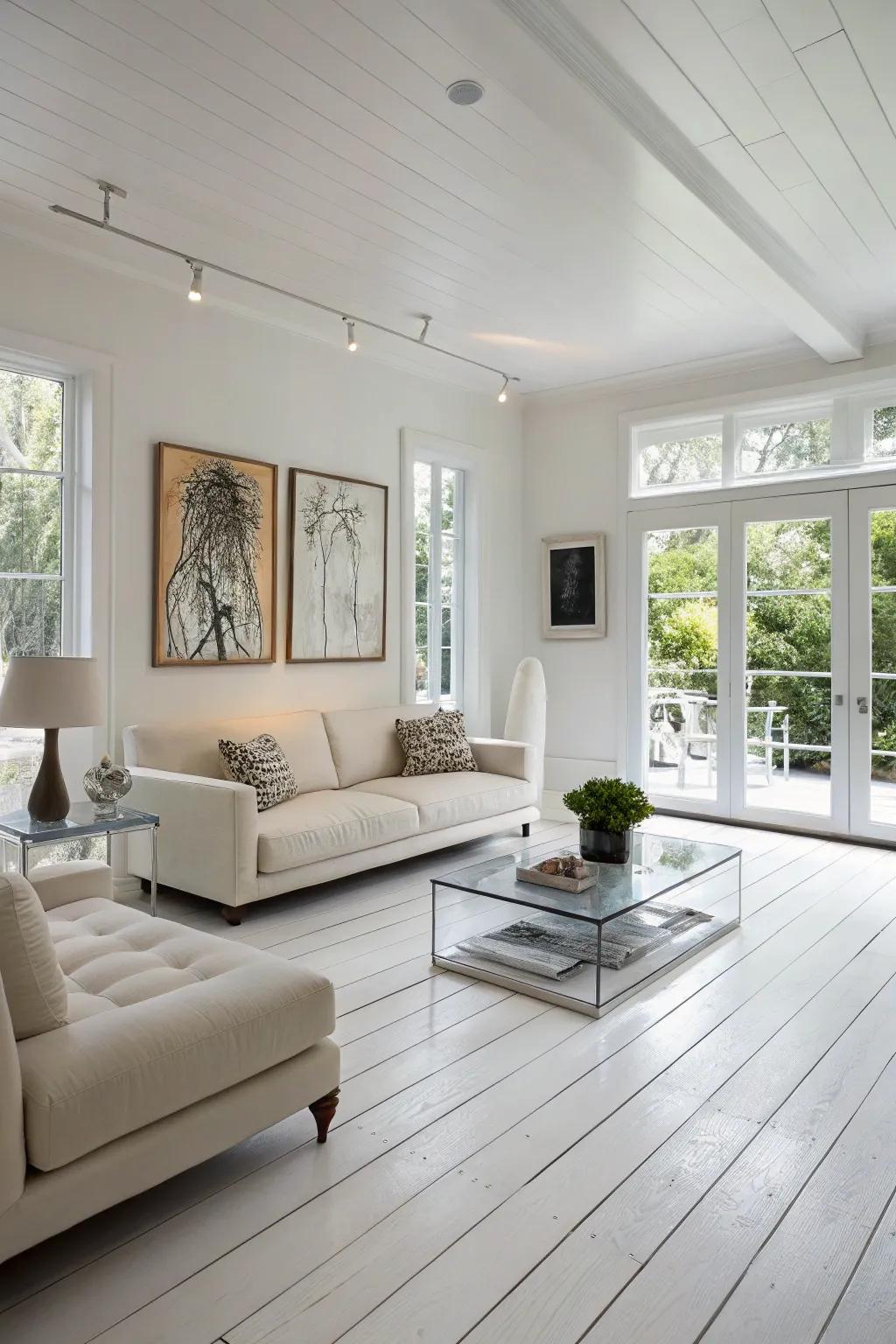 Contemporary furnishings complement the modern style of white wood floors.