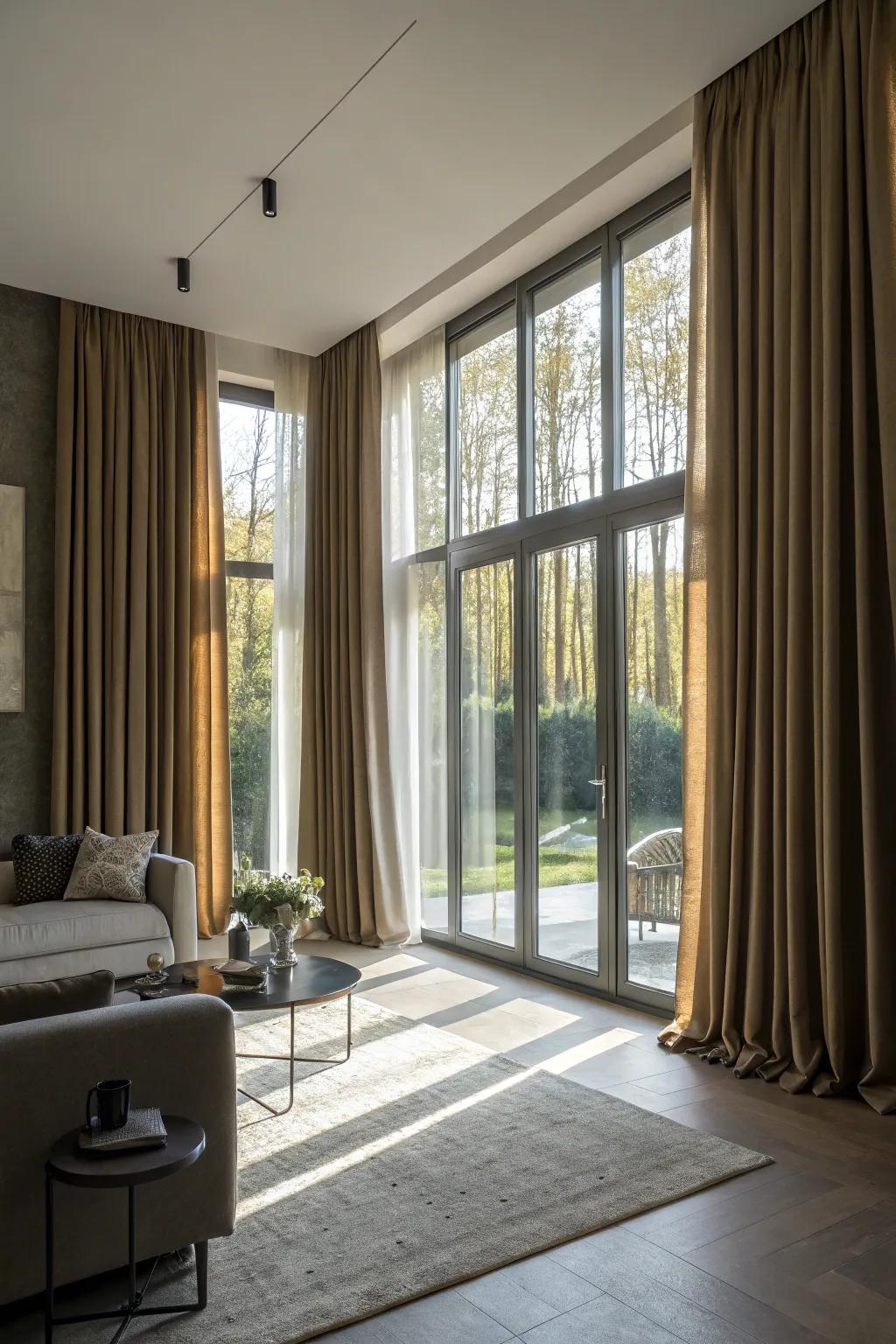 Full length drapes injecting drama and elegance into a lounge.