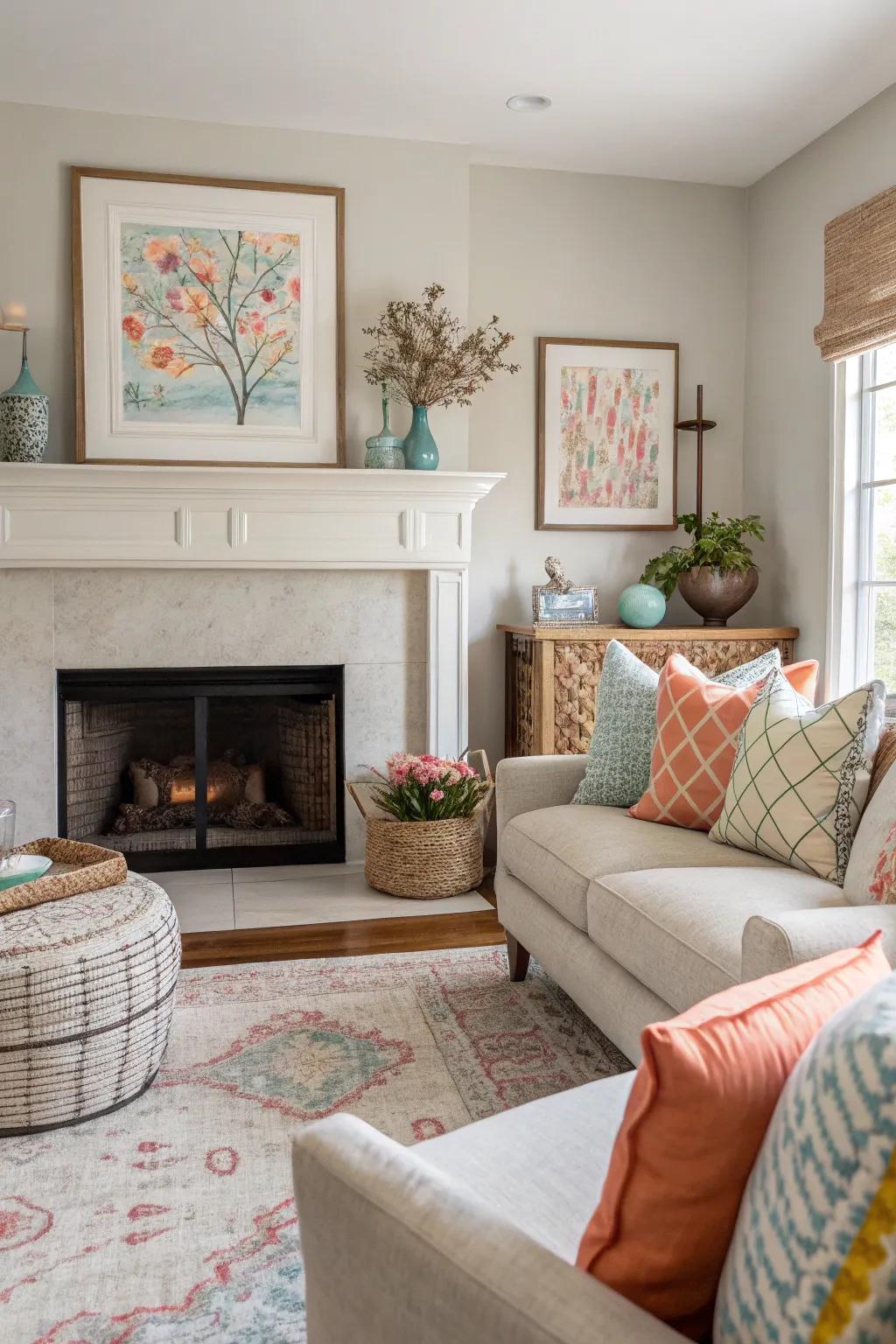 A neutral living room brightened by colorful cushions and art around the fireplace.