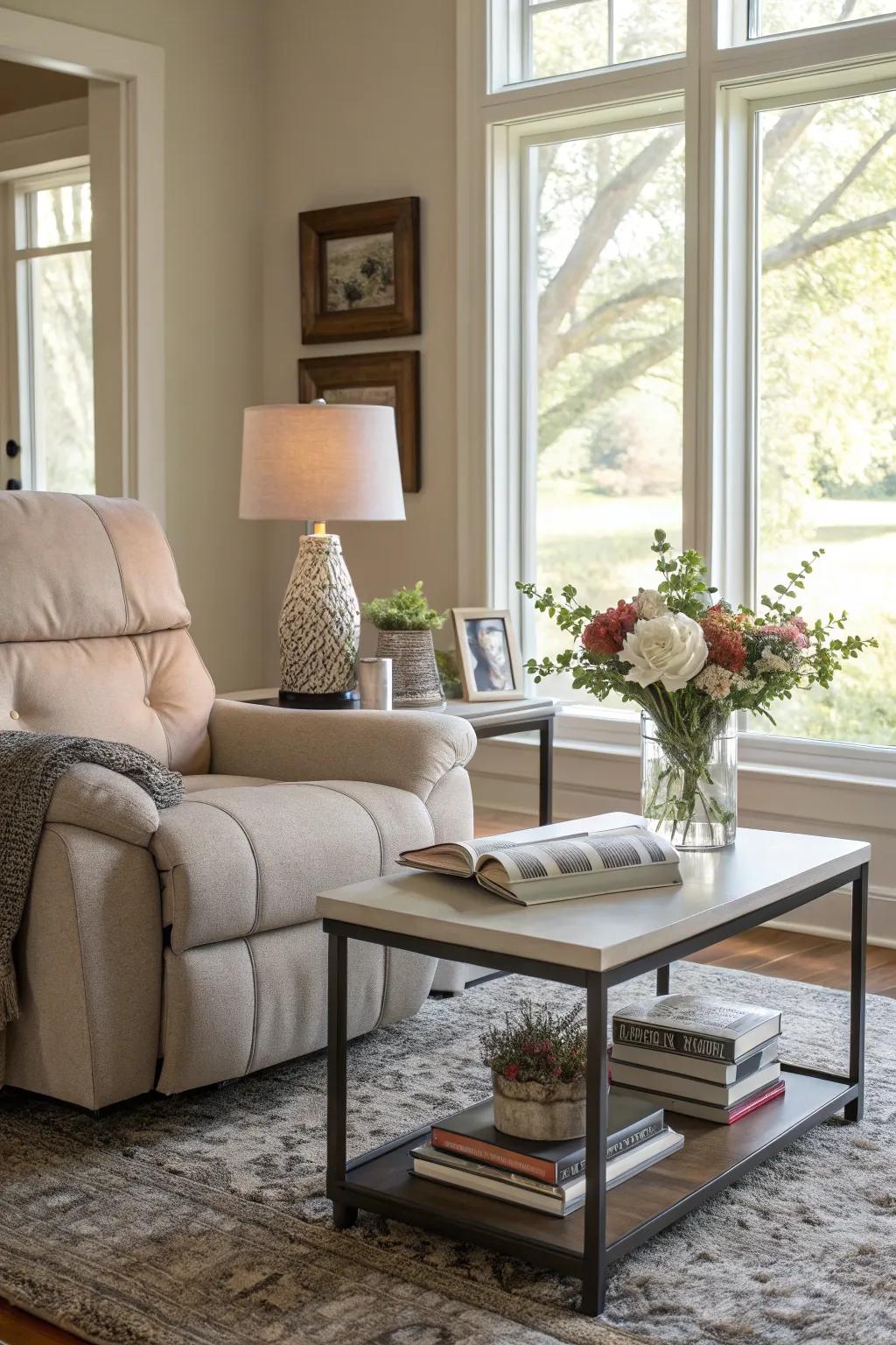 An elegant living space nook featuring a recliner and a center table.