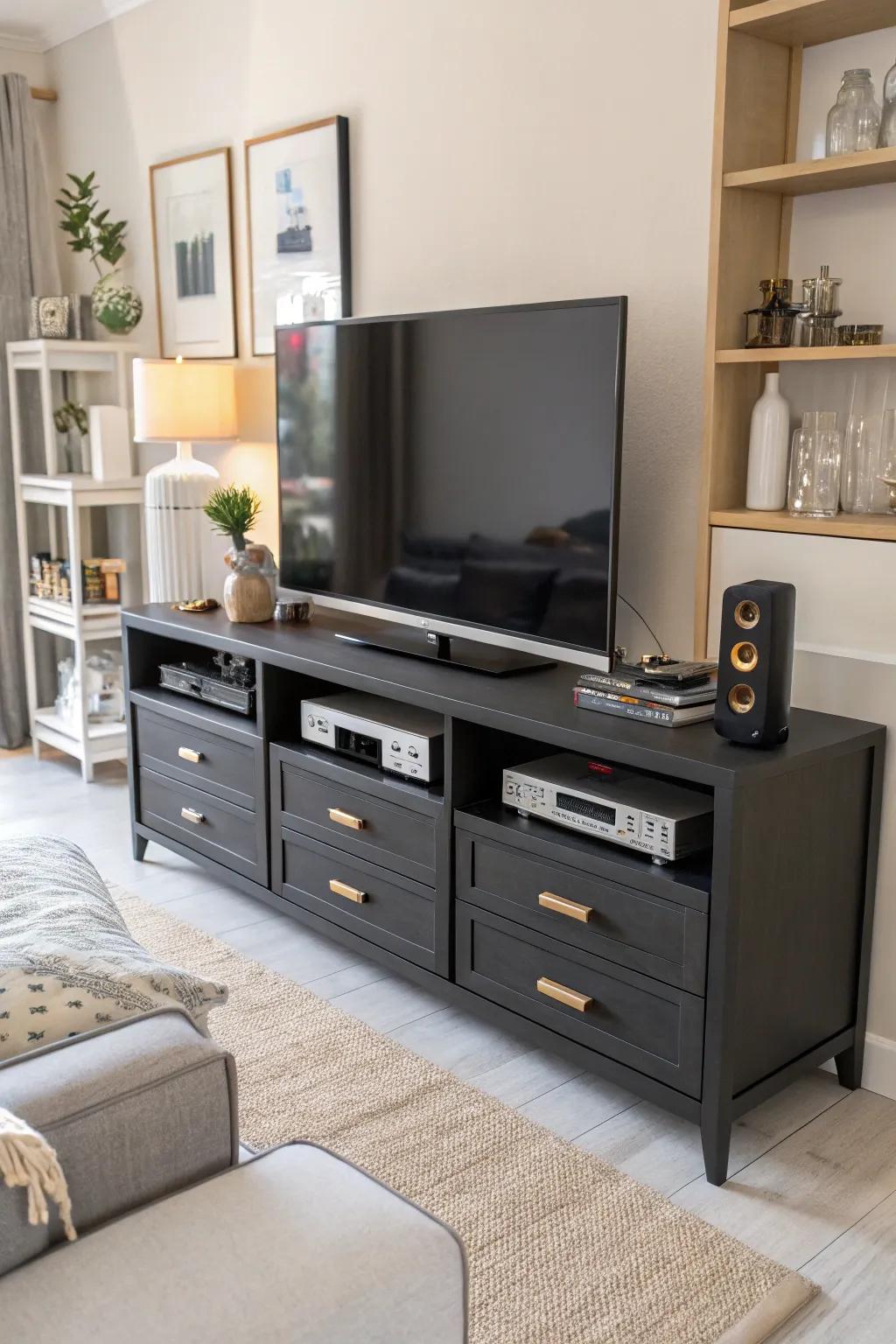 A modern TV stand offering storage to keep the living room neatly organized.