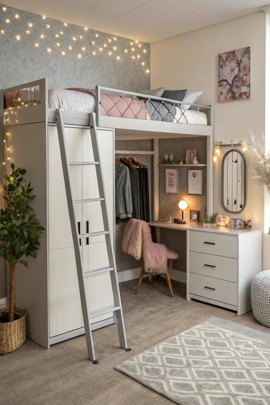A raised sleeping platform cleverly integrates a wardrobe and dressing space.