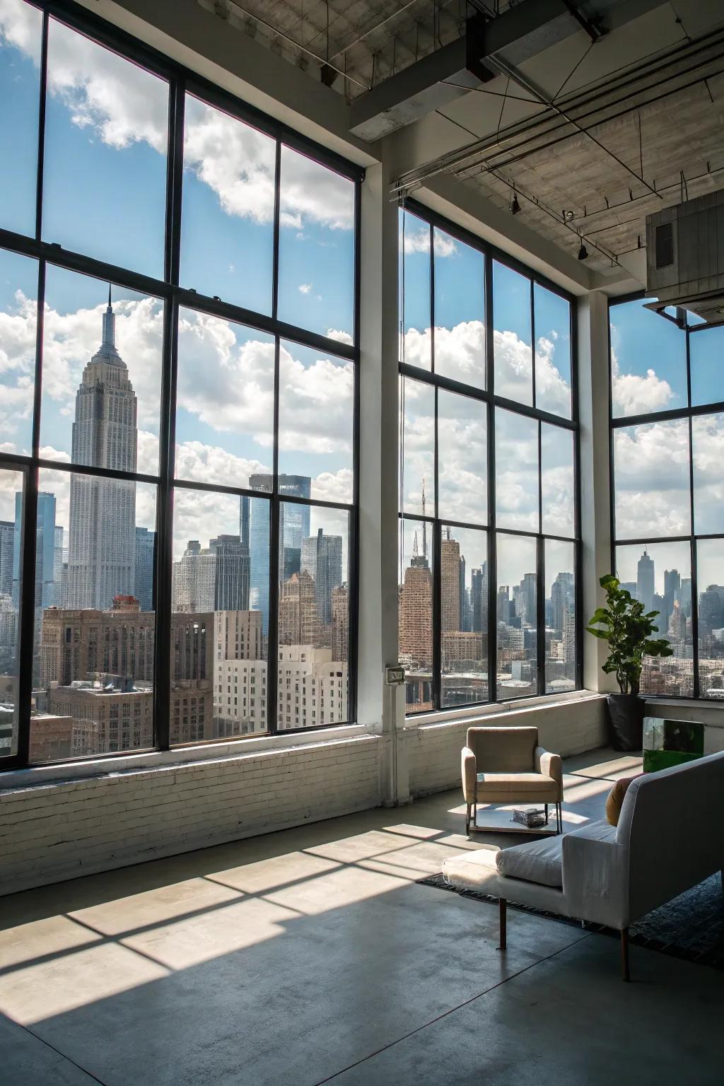 Bright loft space with large, light-filled windows.