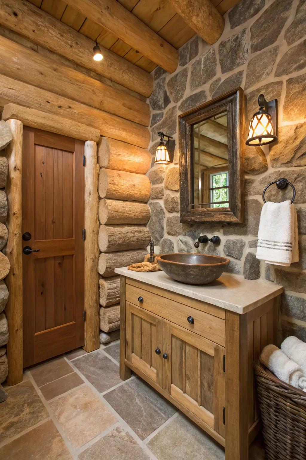 A log cabin bathroom with a natural color scheme.