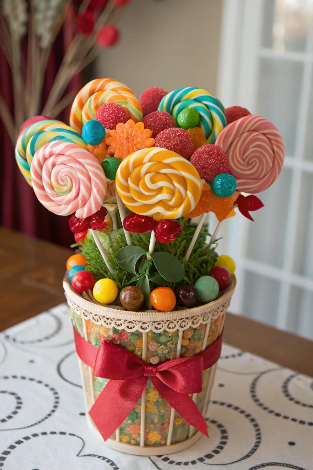 A vibrant candy and sweet bouquet