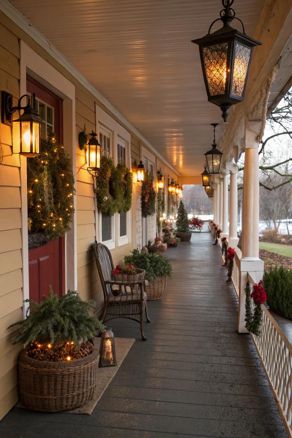 Decorative accents add personal charm to a long porch.