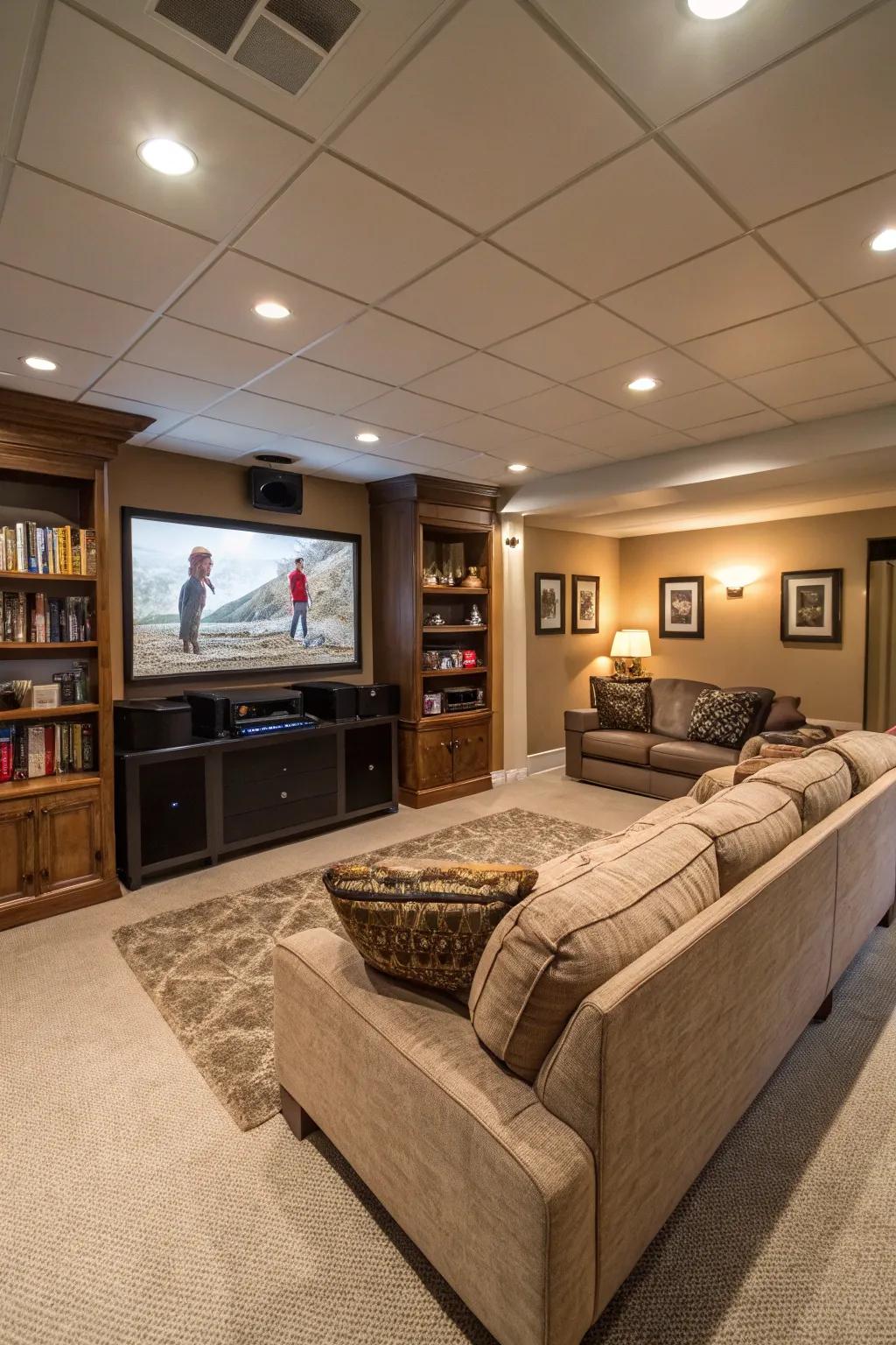 A multi-use basement arrangement that optimizes space utilization.