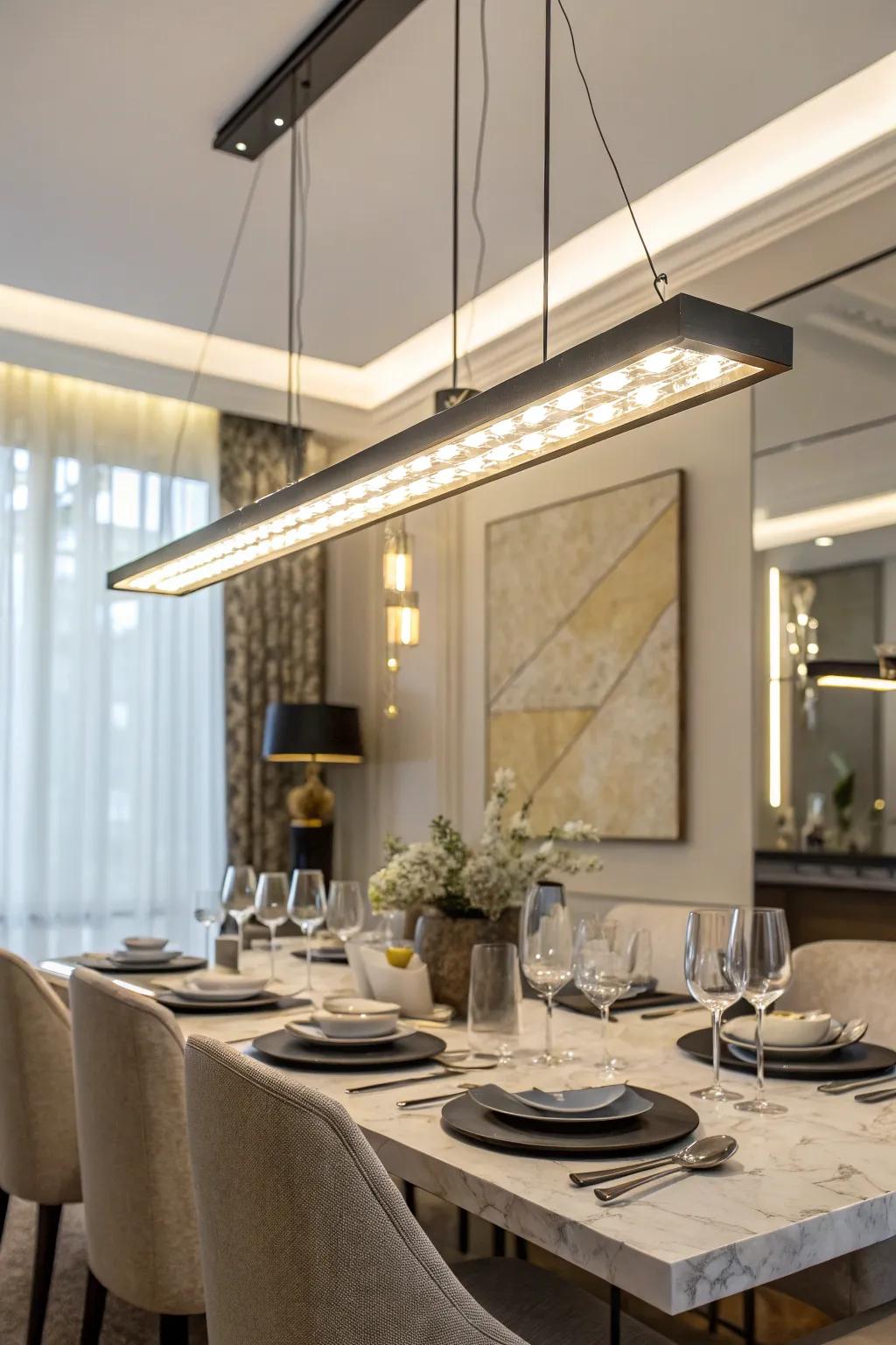A streamlined linear hanging light hangs over a dining table.