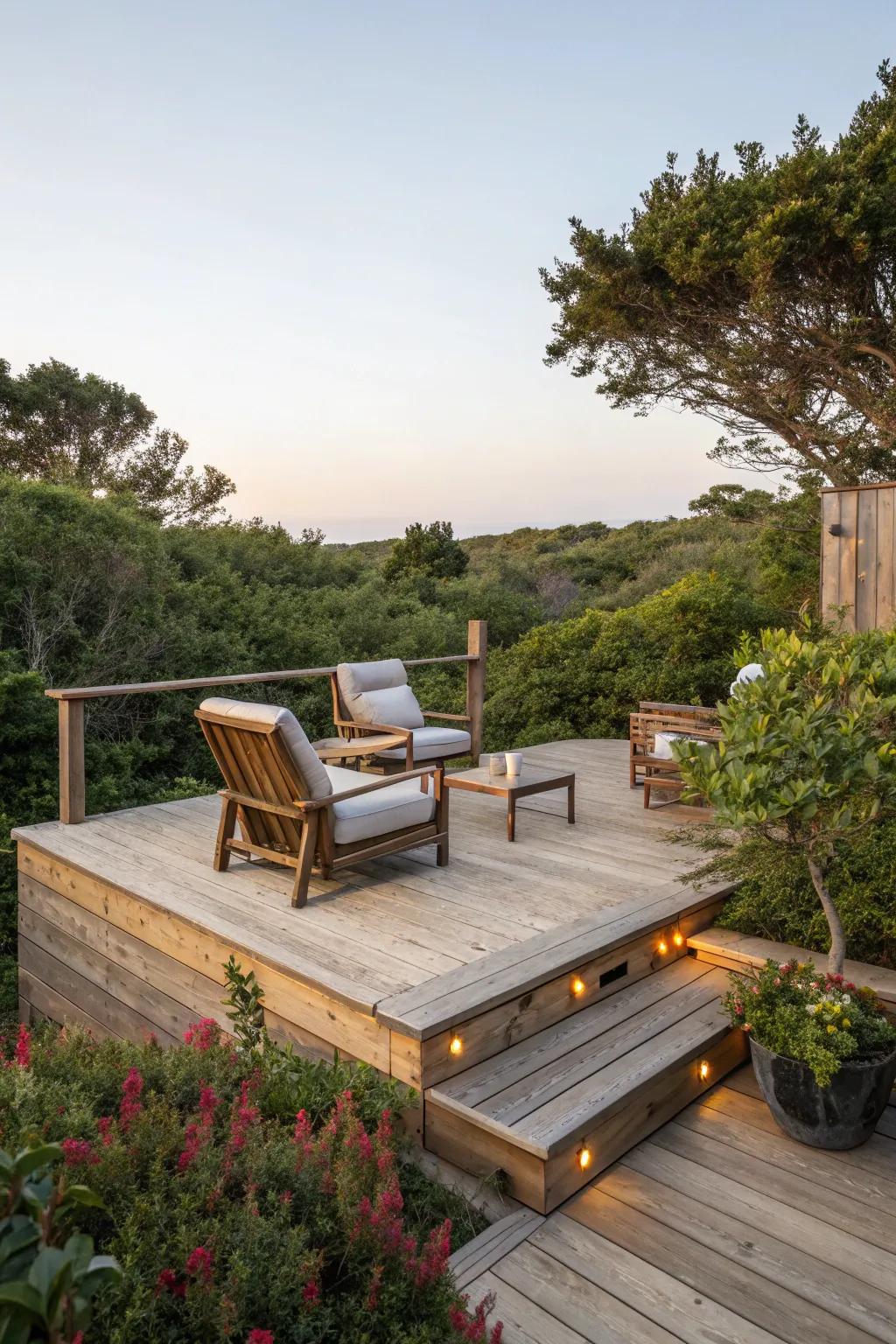 An elevated deck featuring built-in wooden seating.