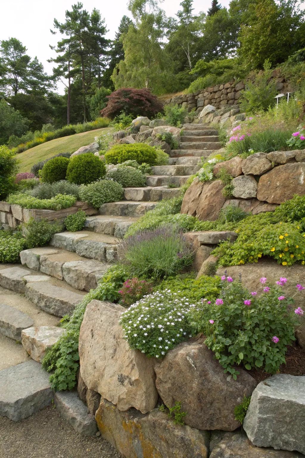 Terraced stone layouts that add depth and intrigue.