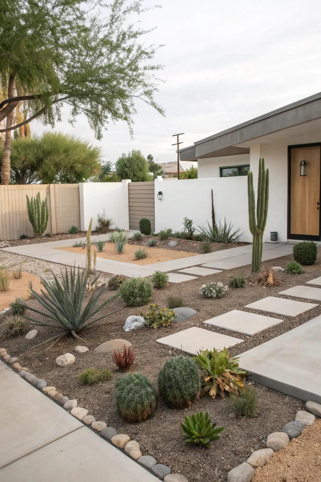 Minimalist design in a xeriscape front yard offers tranquility and ease of maintenance.