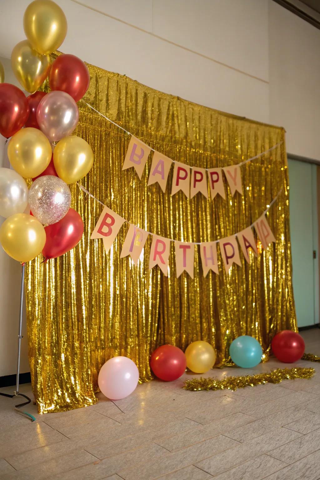 A golden backdrop that adds a hint of glamour to birthday photos.