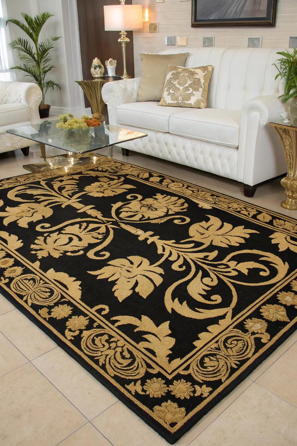 A lavish rug that unifies the dark and metallic theme.