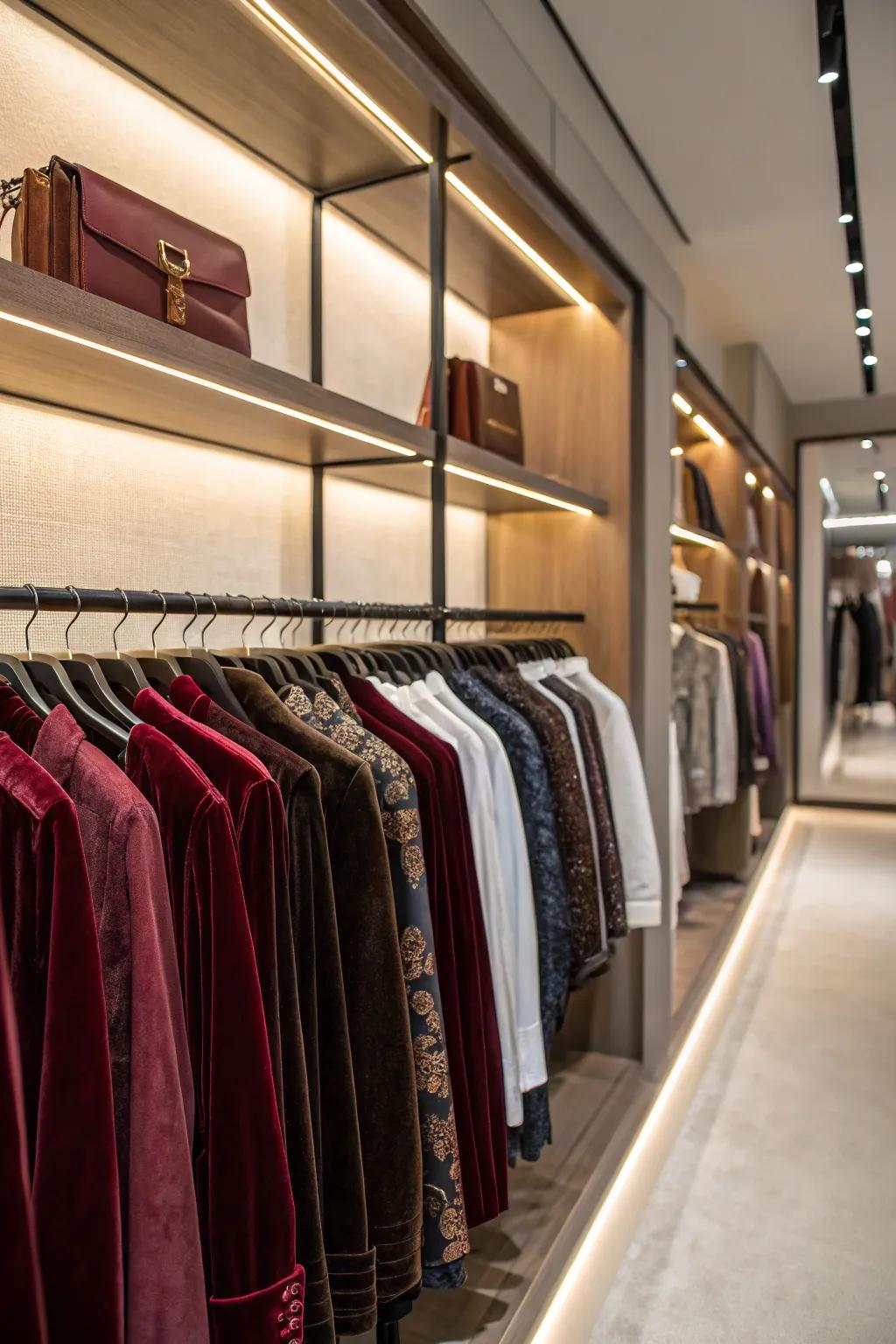 Rows of garments flawlessly aligned on matching velvet hangers.