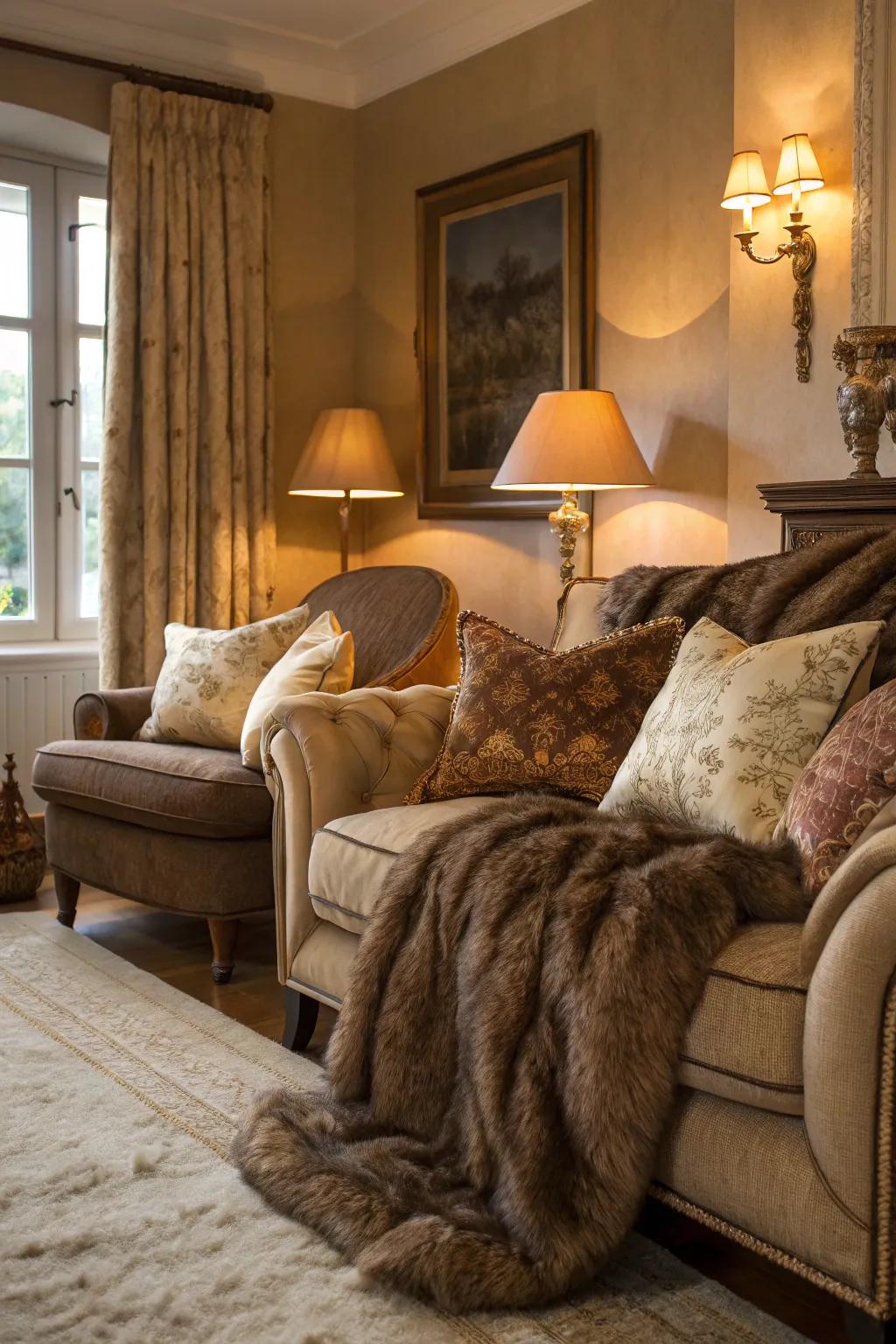 Abundant textures such as fur and silk improve the elegant feel of this living room.
