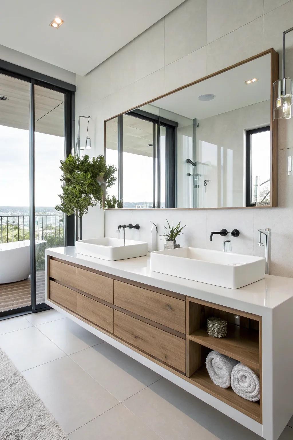 Wall-affixed elements in a streamlined, up-to-date bathroom.