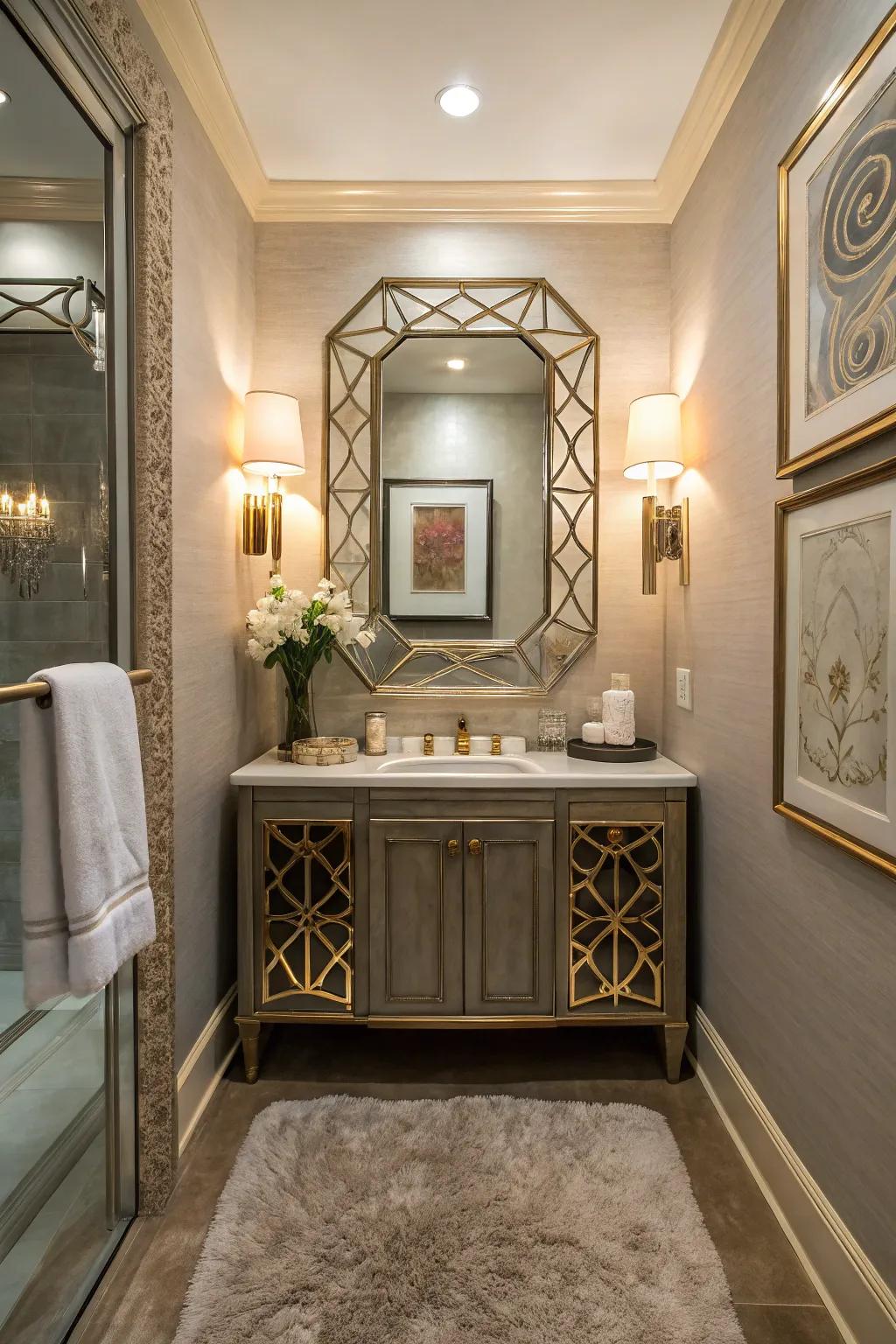 Artistic mirrors add drama and elegance in this powder room.