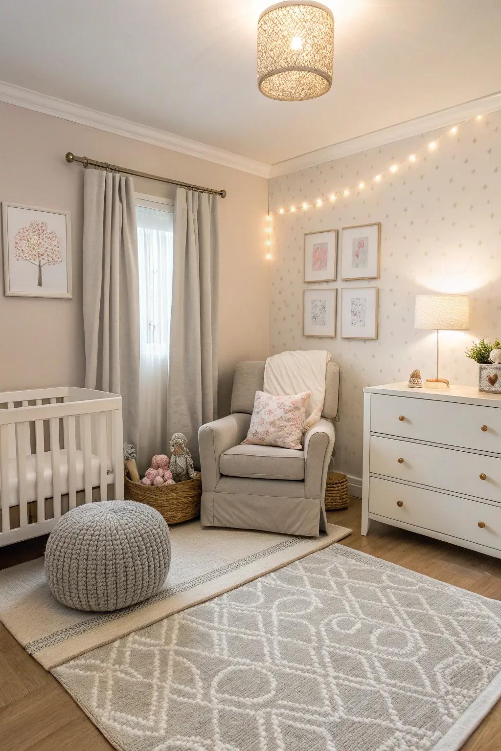 A nursery designed with a soothing neutral color scheme in cream and grey shades.