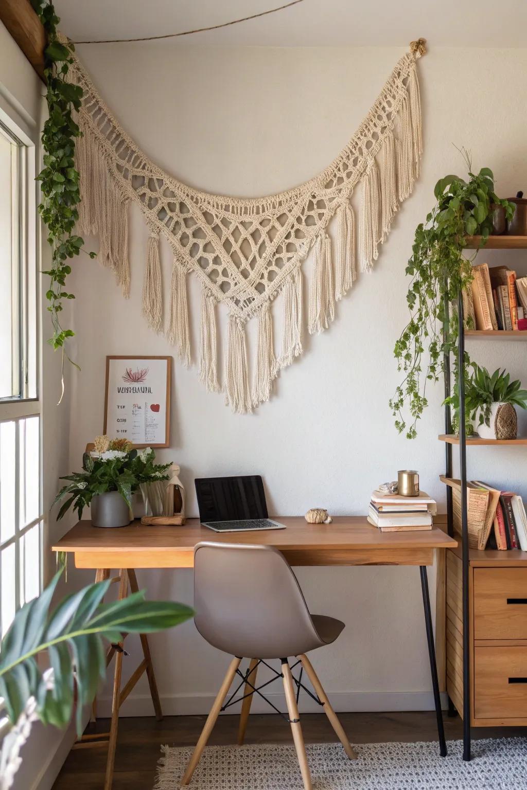 Whimsical macrame decorations filling a location with imagination.