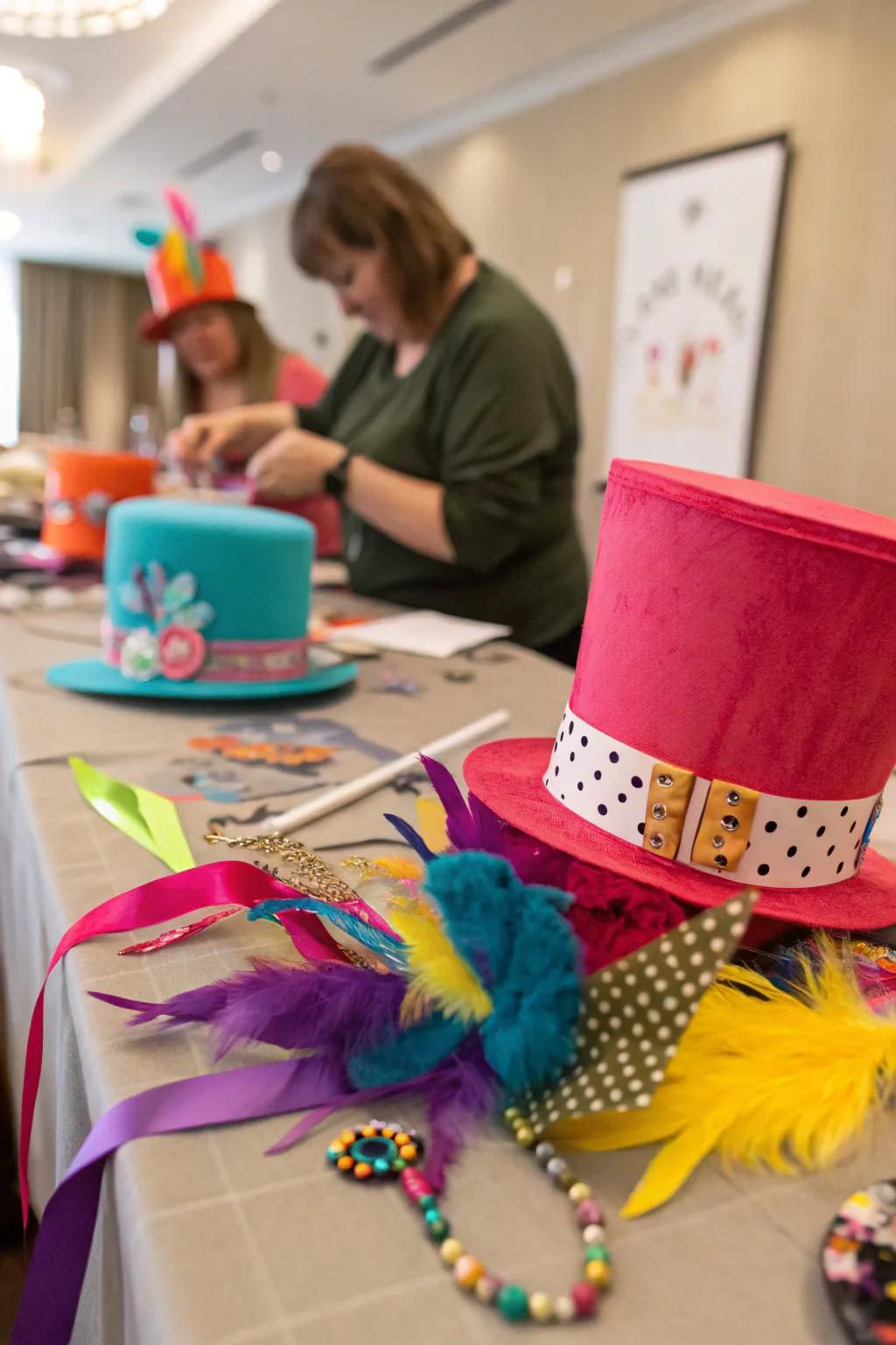 A crafting station equipped with supplies for decorating one-of-a-kind Mad Hatter hats.