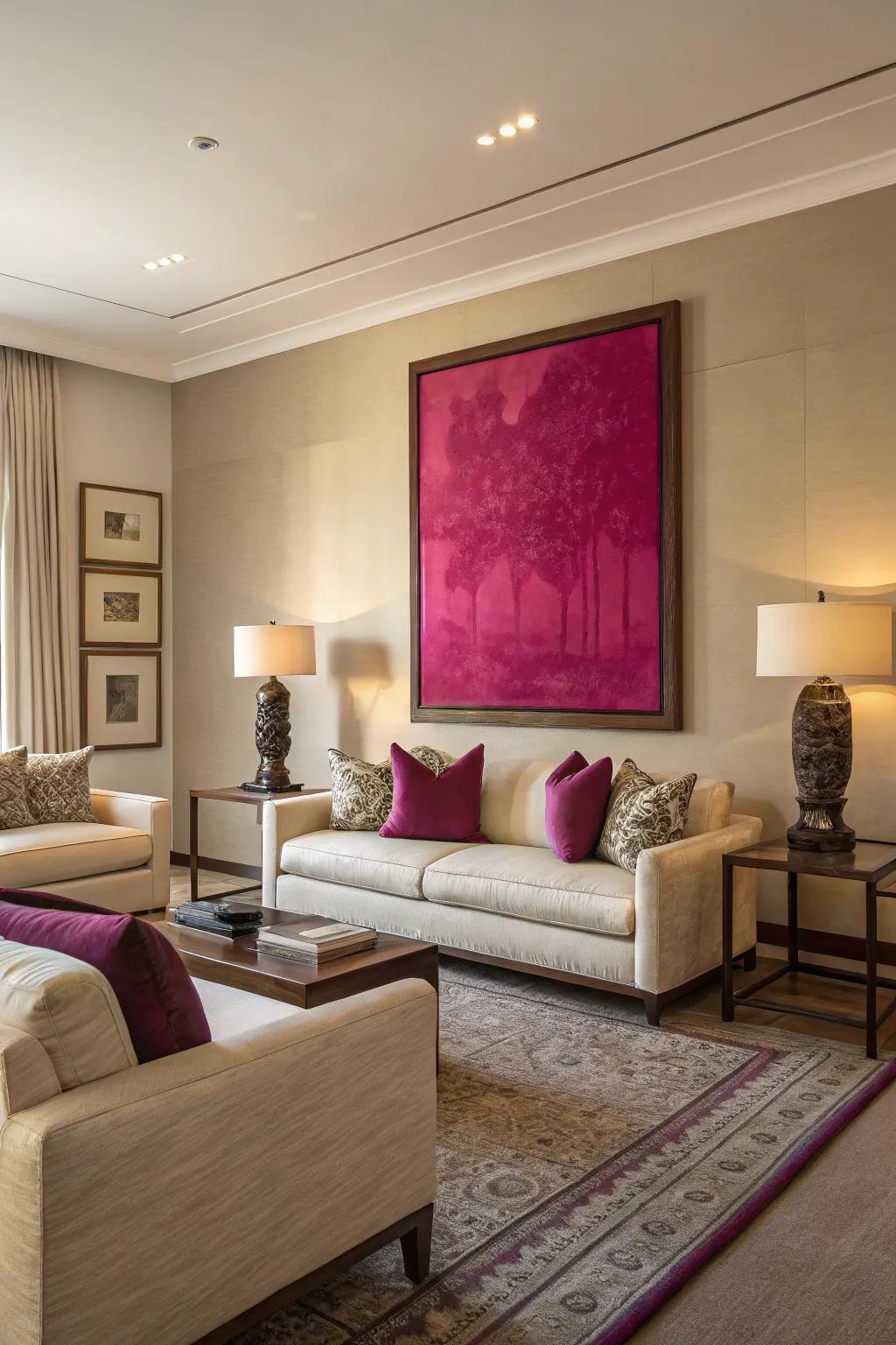 Bold magenta artwork brings energy and creativity to this living room.