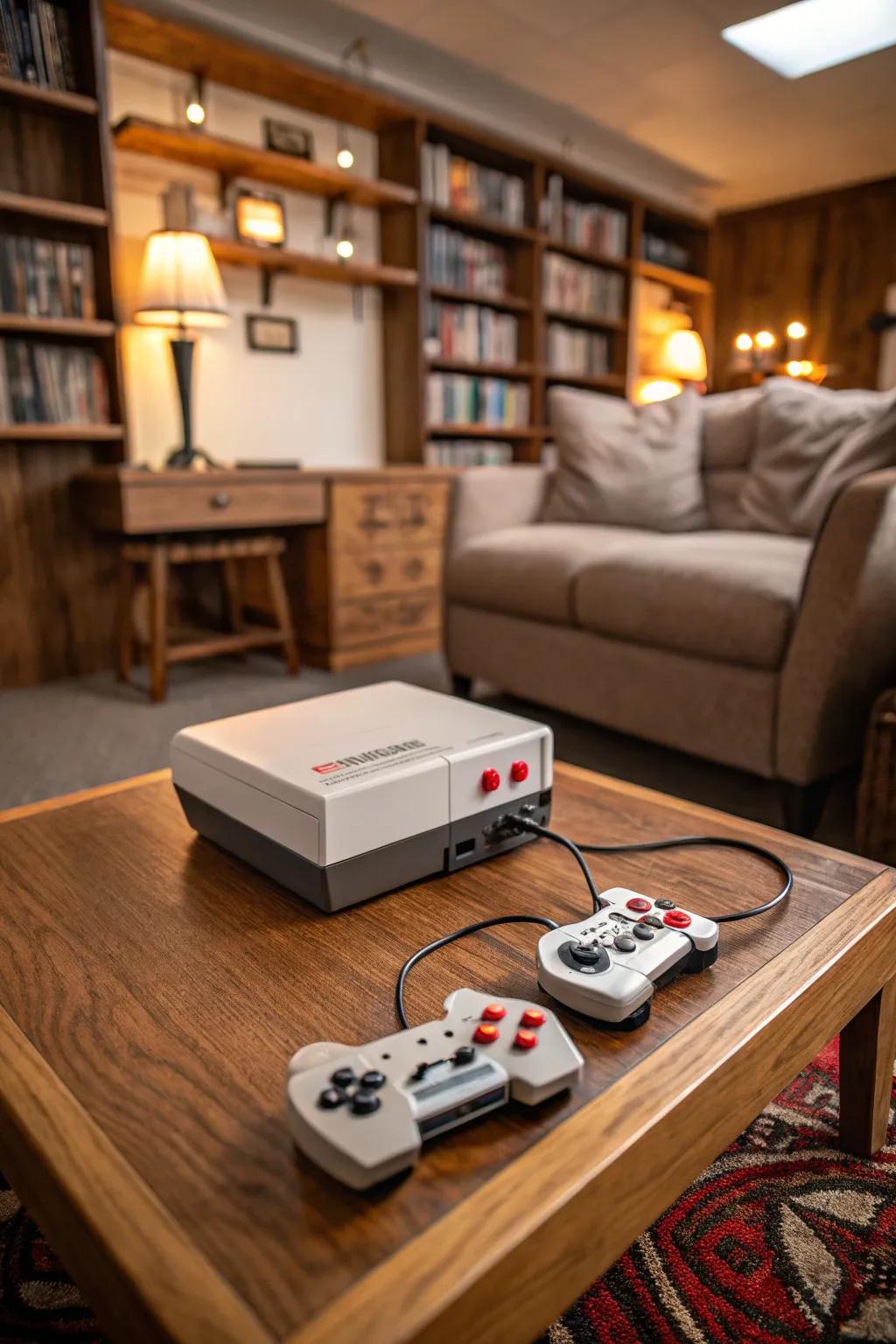 A retro gaming console adds nostalgic fun to the man cave.