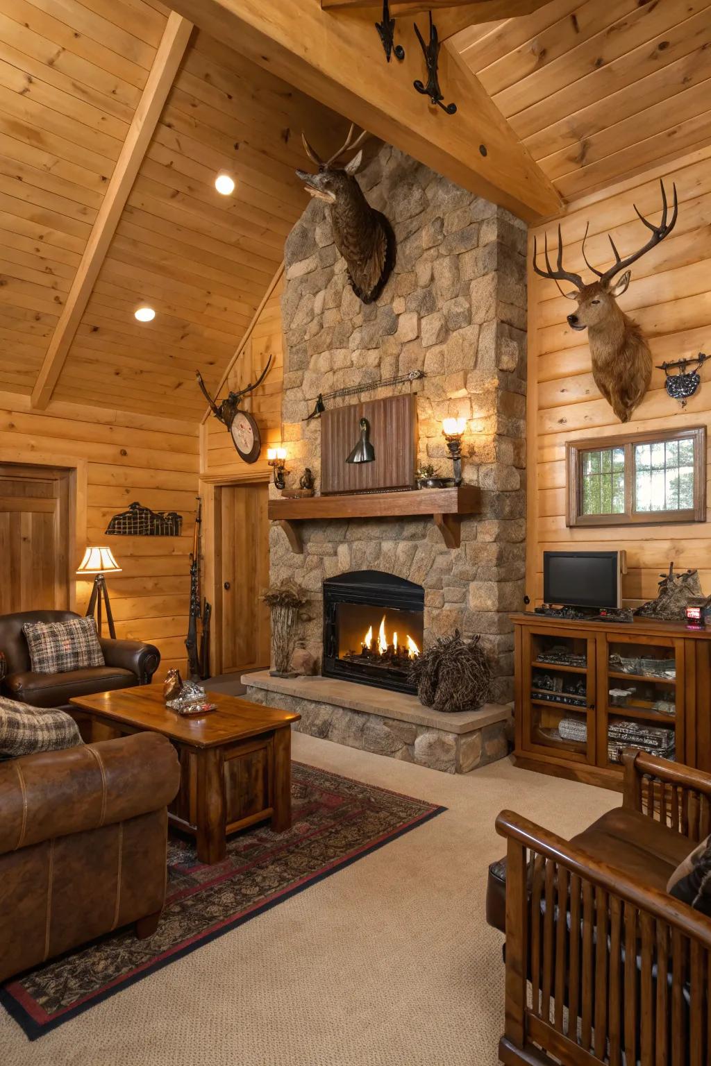 Experience the warmth of a rustic hunting lodge man cave.