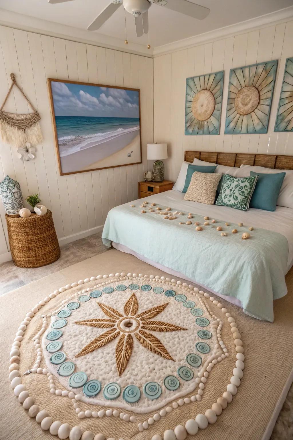 A shell sacred geometry design upgrading a seaside-styled guest room.