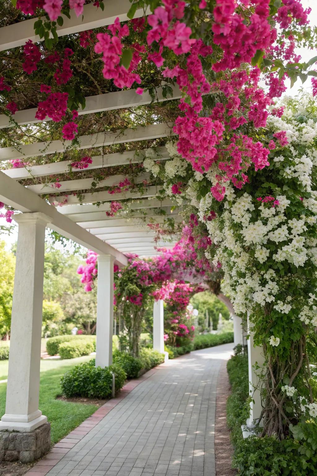A pergola adorned with mandevilla flowers provides a magnificent, shaded dining area.