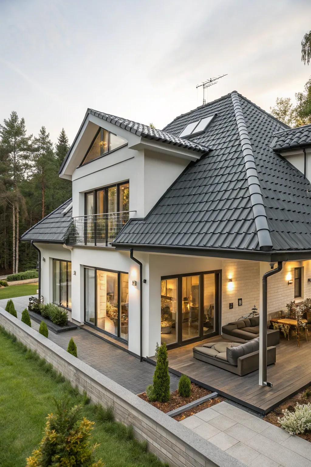 Synthetic tiles offer a modern twist to this mansard roof.