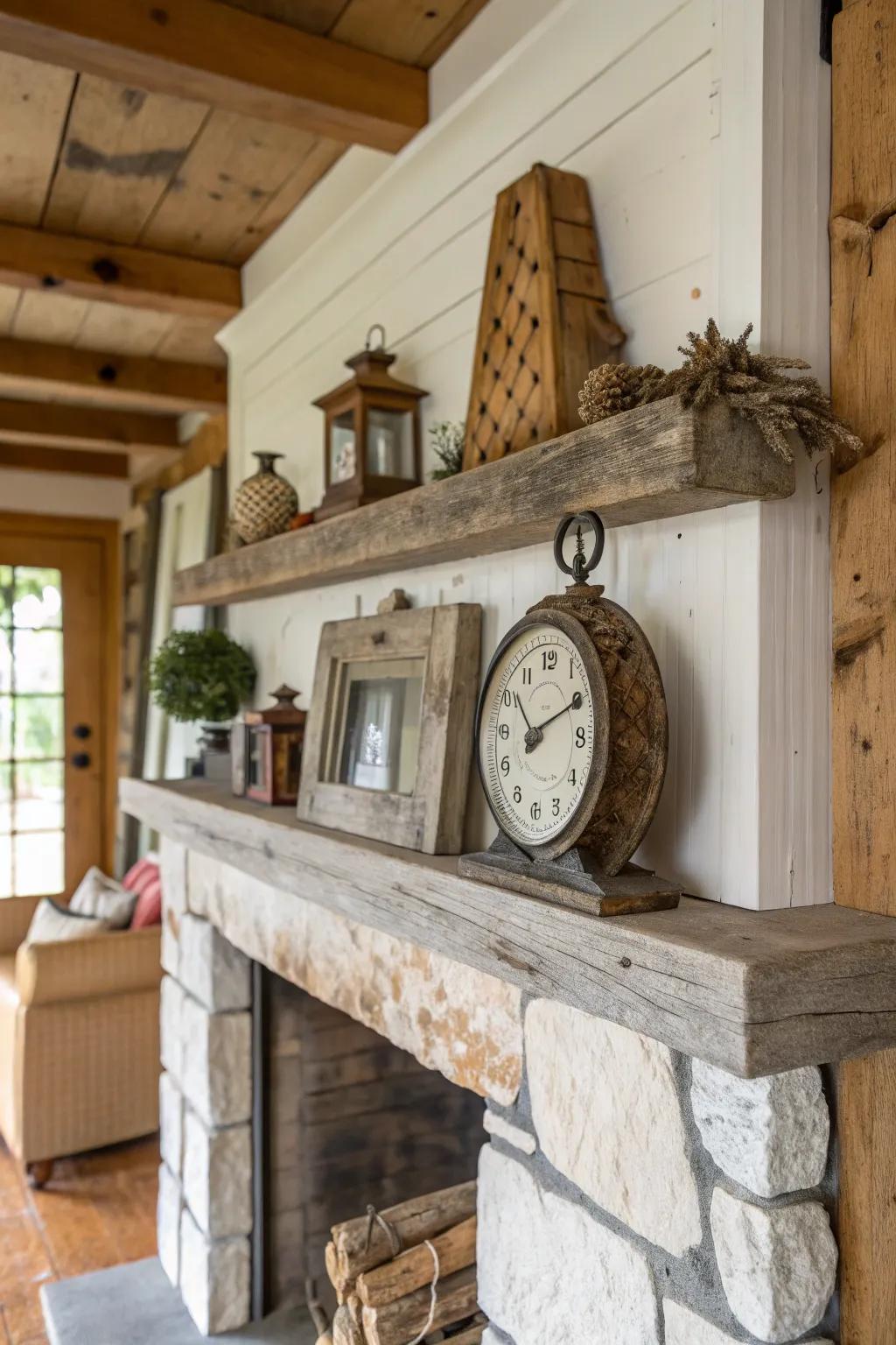 A rustic mantel featuring a vintage clock and wood accents.