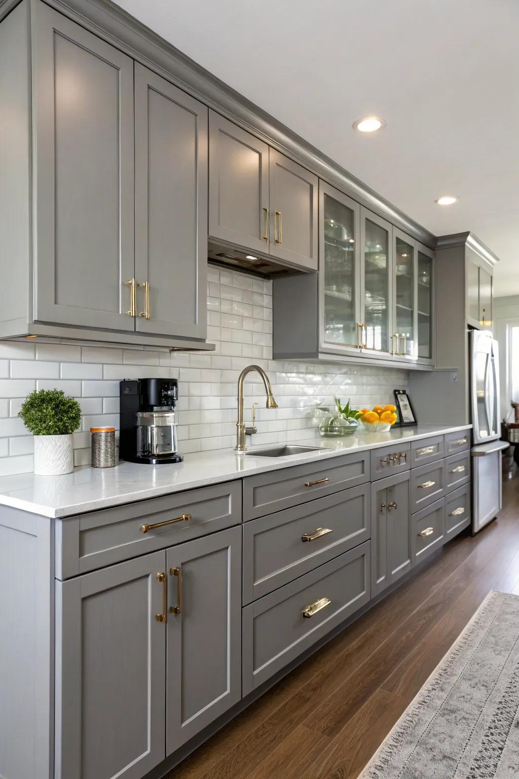 A fashionable kitchen showcasing slate maple cabinets with modern highlights.