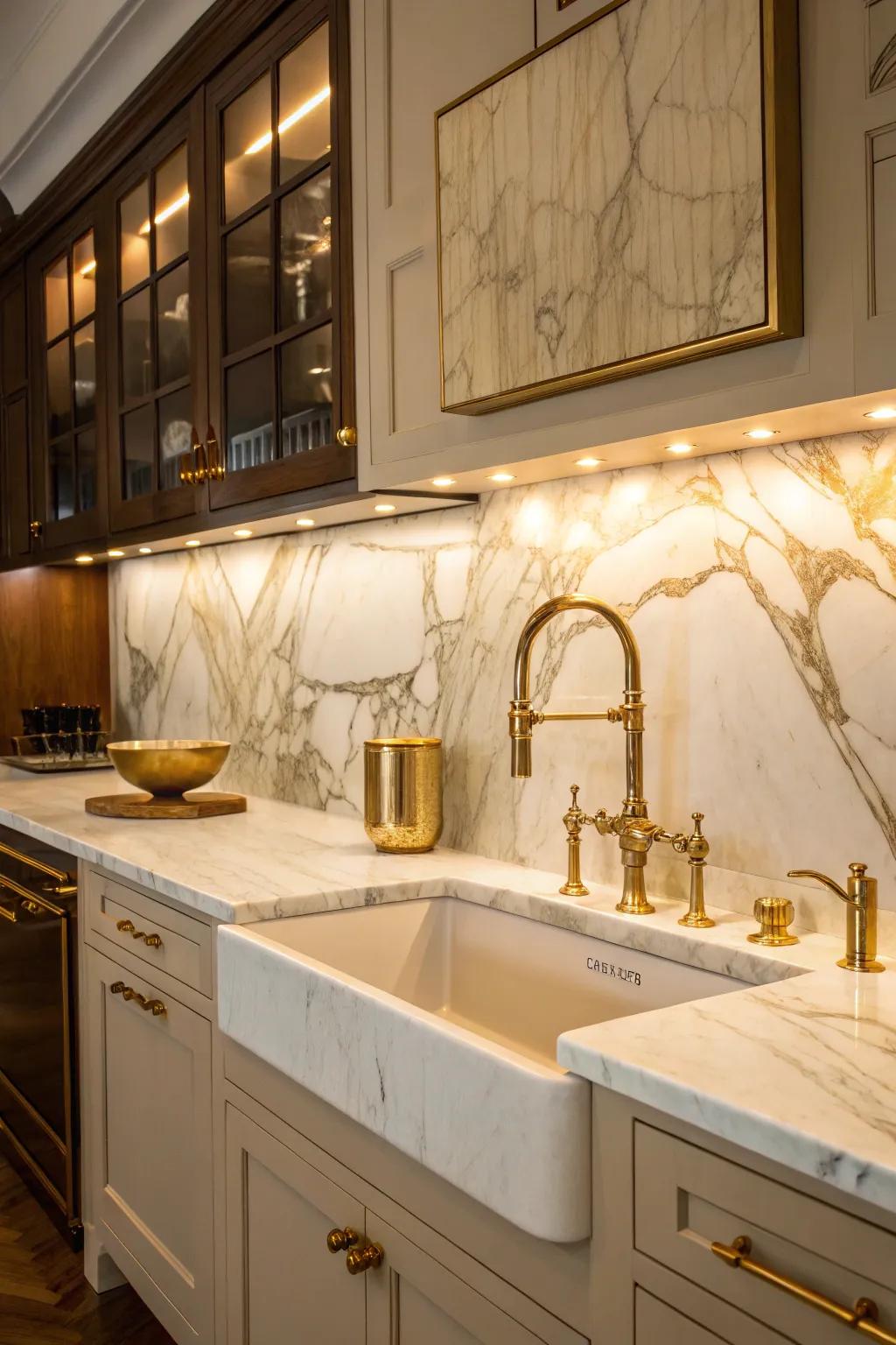 A luxurious kitchen with gold-veined Calacatta marble backsplash.