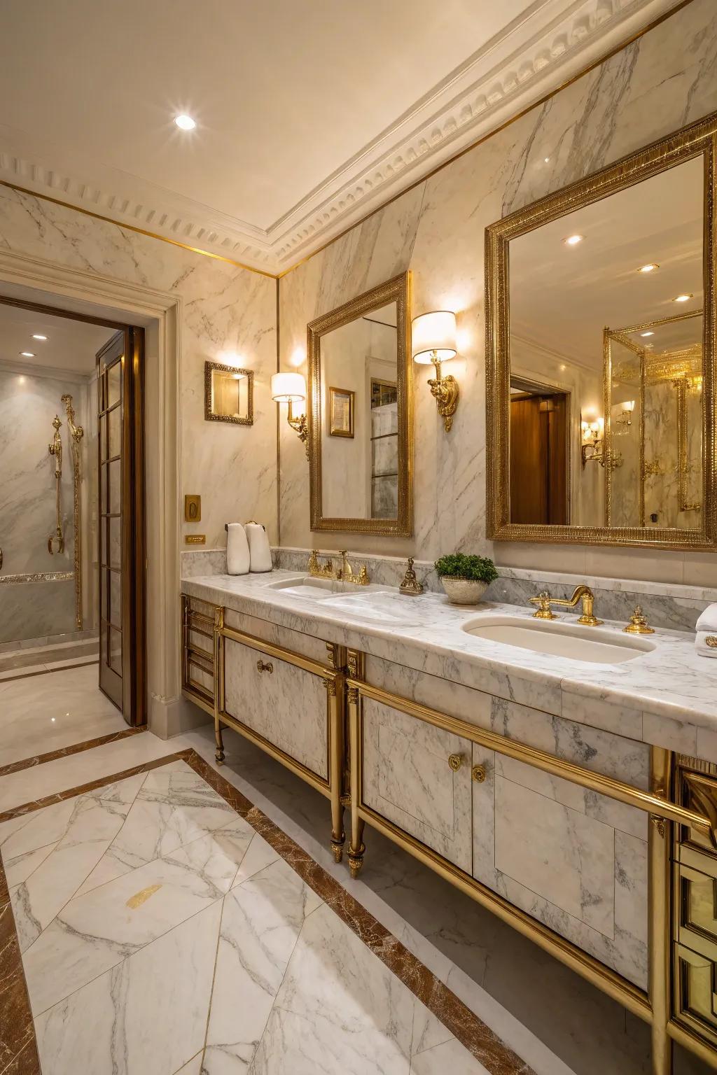 Gold fixtures introduce a hint of opulence to the marble setting.