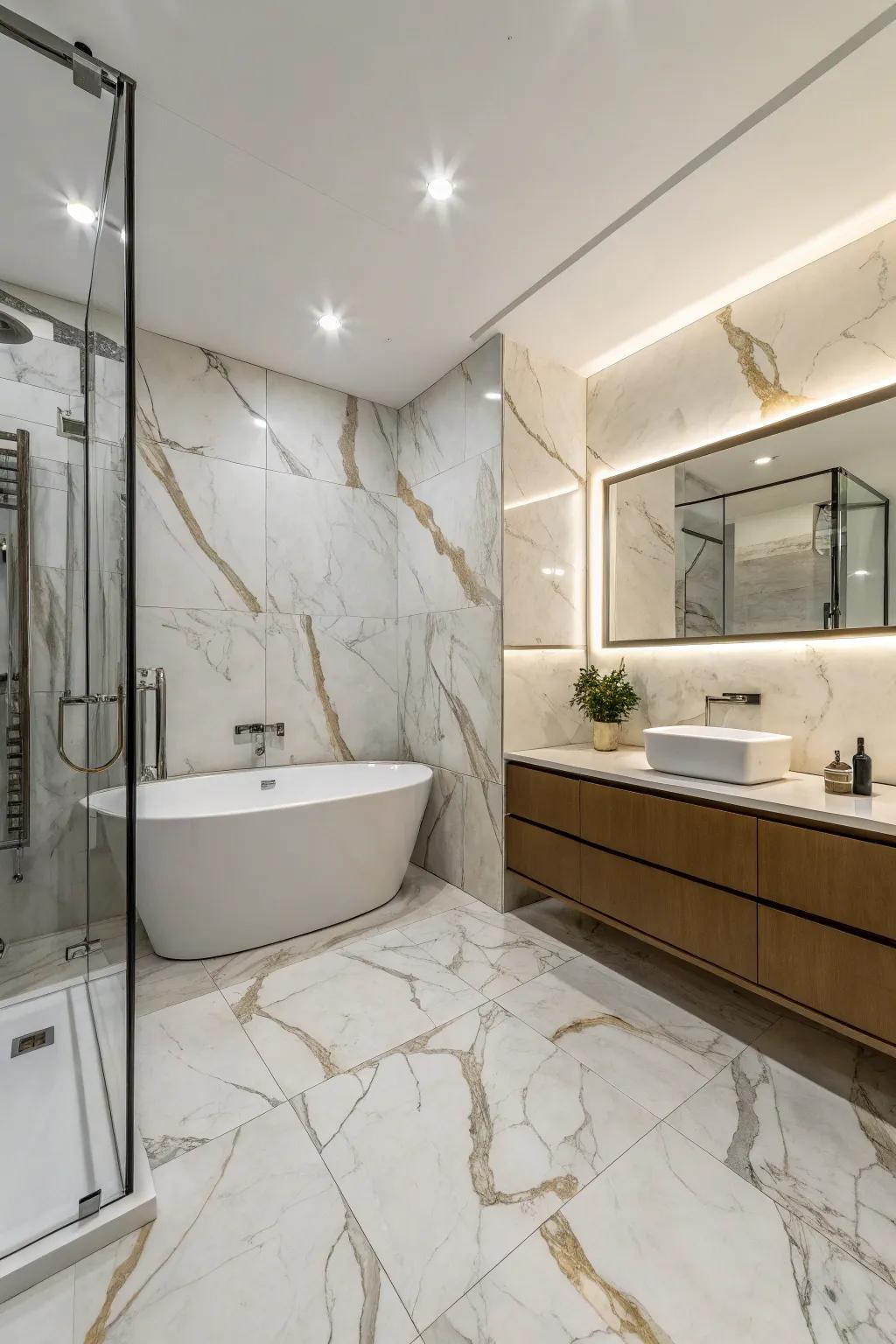 Expansive stone-look refined slabs fashion a seamless and roomy bathroom space.