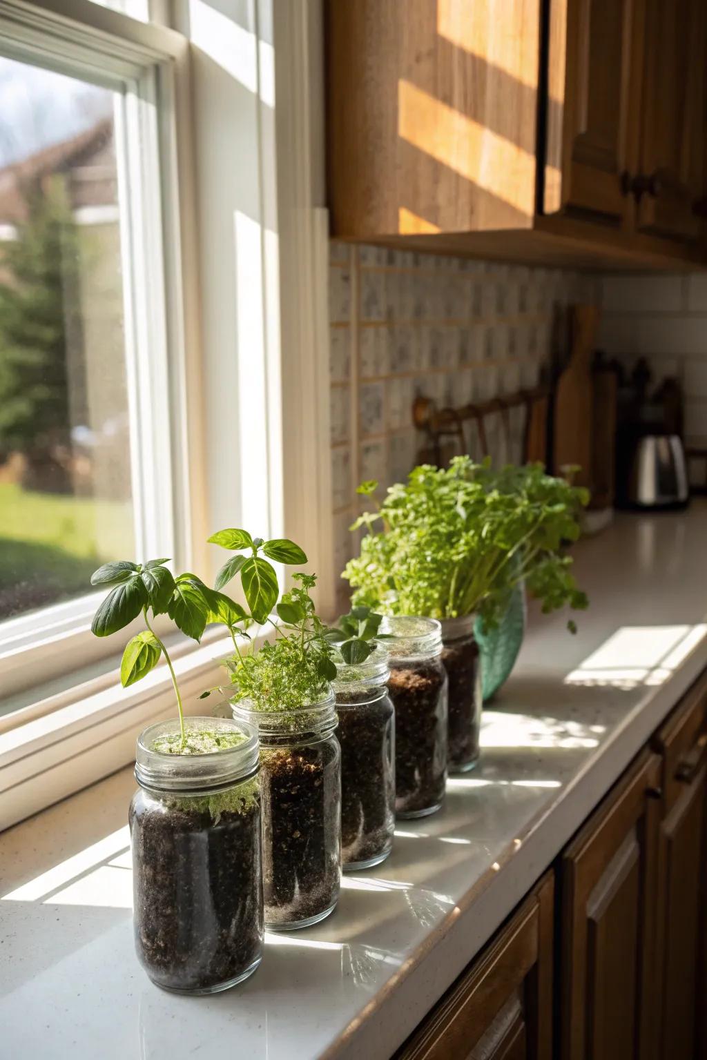 Herb-filled mason jars providing fresh greenery in the kitchen.