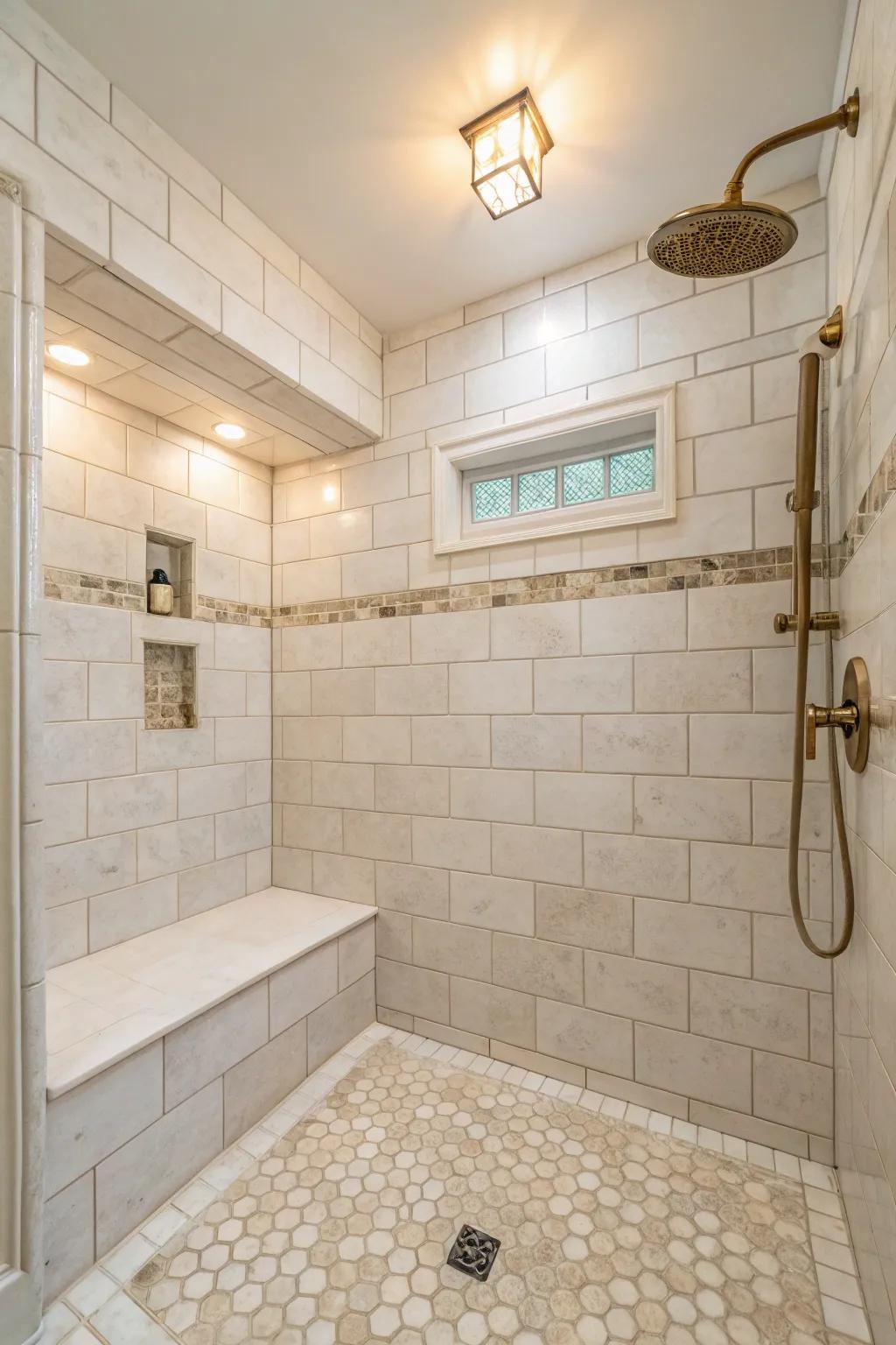 A shower styled with gentle fair-toned pavers, fostering a peaceful and expansive vibe.