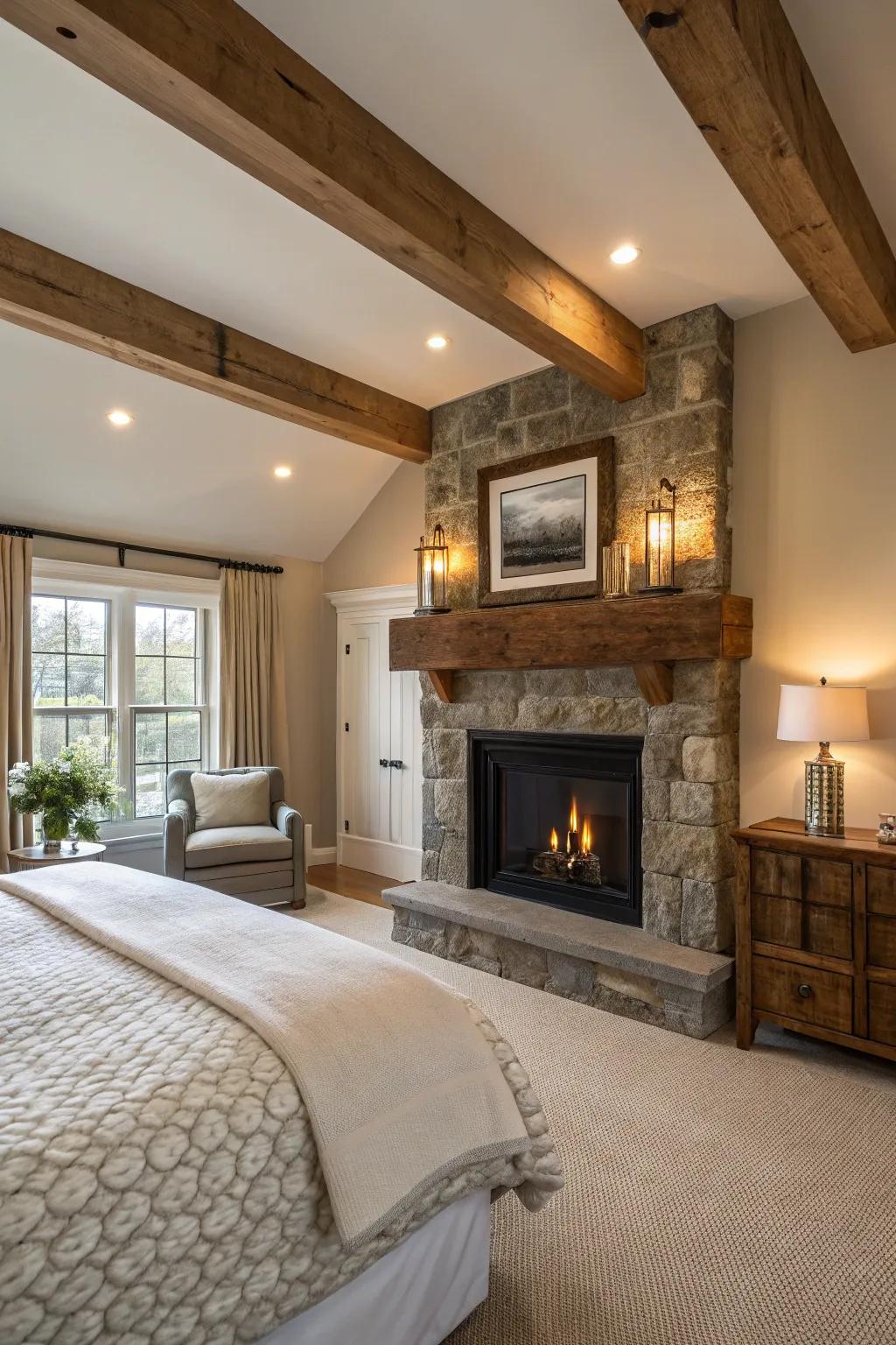 Rustic charm is enhanced with a reclaimed wood beam over the fireplace.