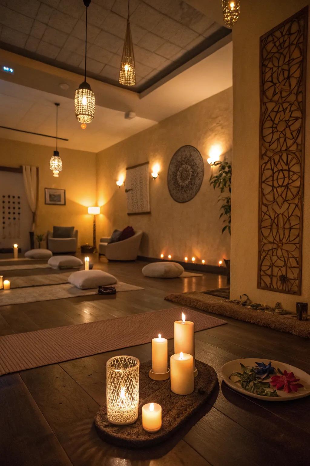 A meditation space featuring gentle lighting from lights and candles.