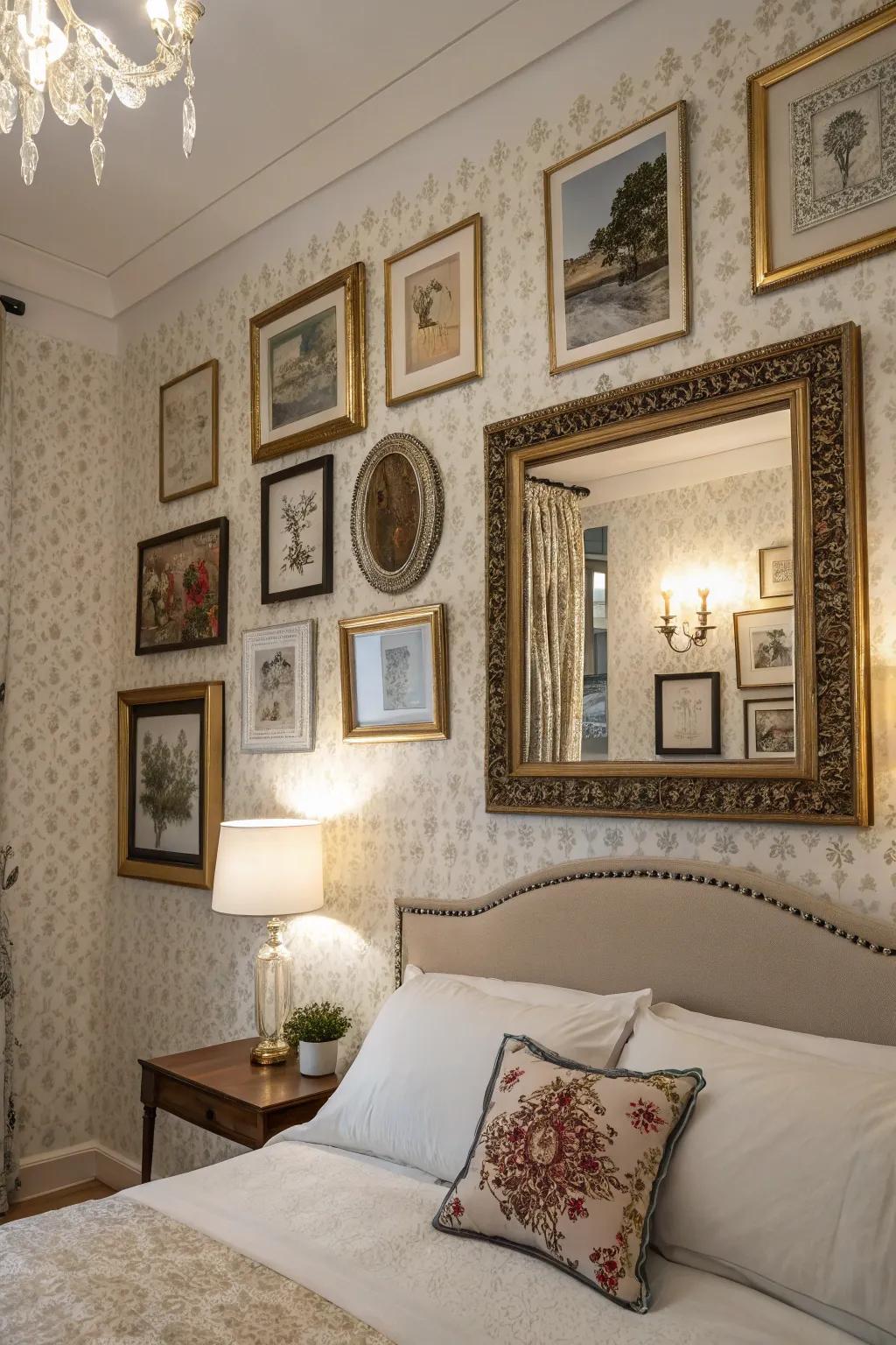 A bedroom wall adorned with framed artworks and mirrors.
