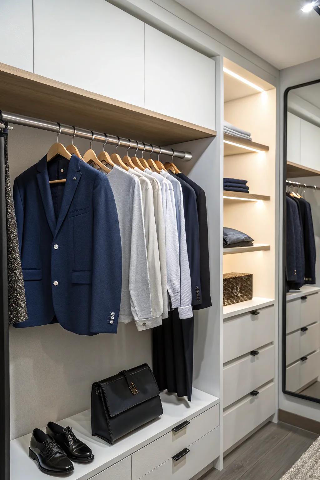A minimalist closet that exudes tranquility and order.