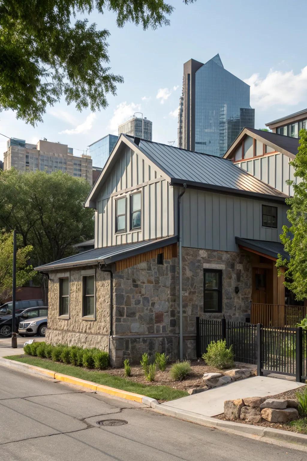 An urban-style home that cleverly combines metal cladding with stone features for added visual appeal.