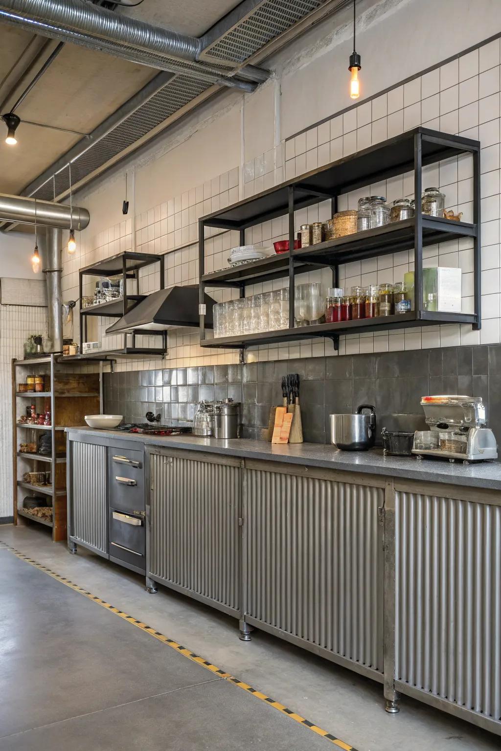 Metallic wall paneling offers industrial appeal to your culinary space.