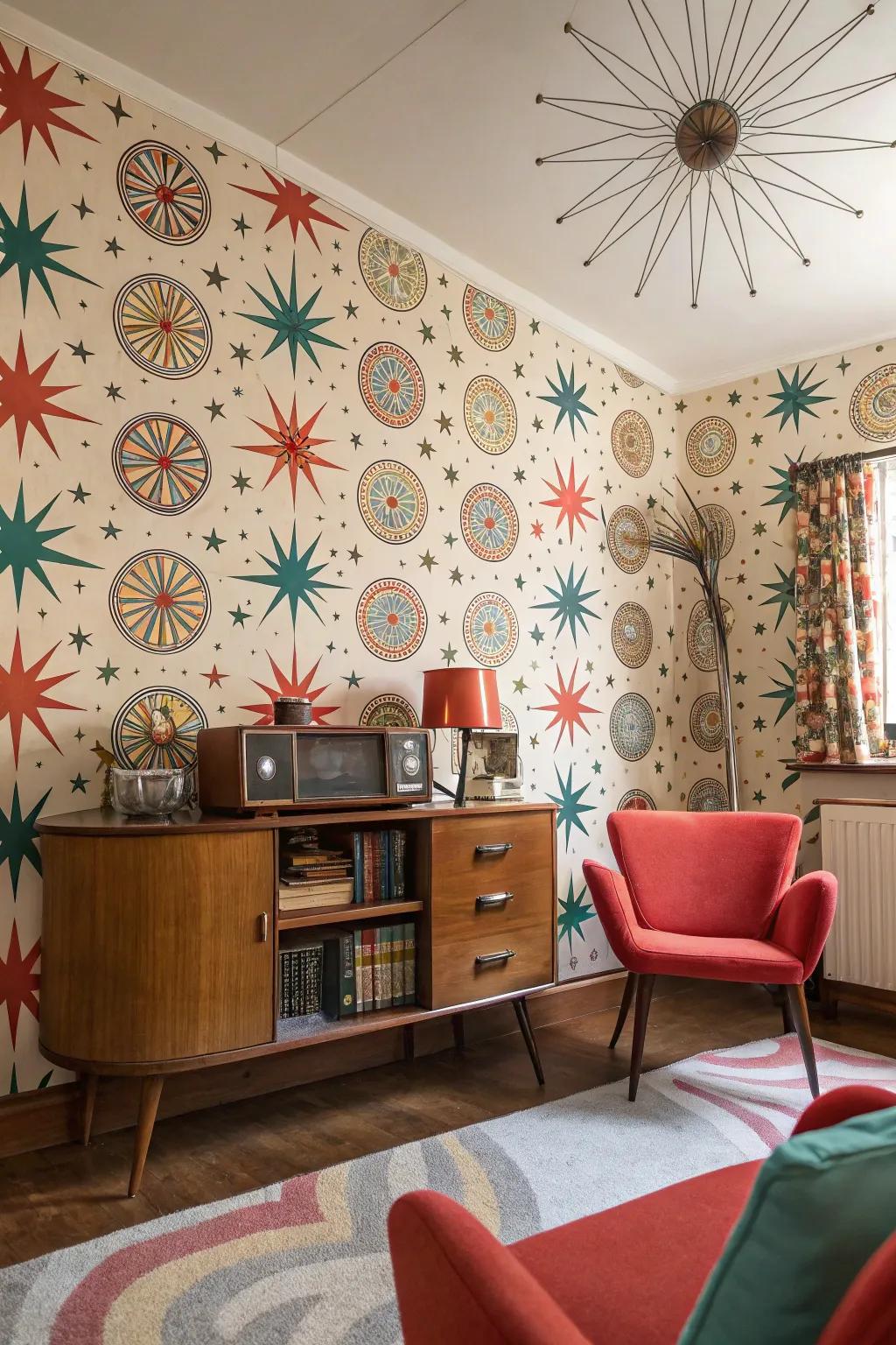 Room with retro atomic design wallpaper.