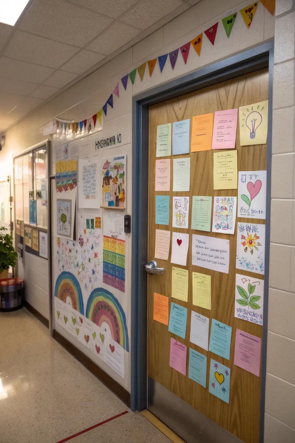Motivational messages creatively integrated into classroom door decor.